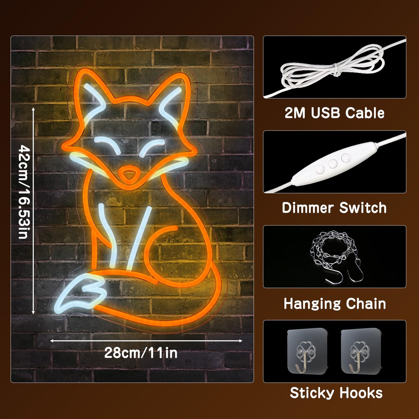 Fox Neon Sign, USB Powered Dimmable LED Fox Neon Light for Bedroom Living Room Wall Decor, Animal Themed Gifts for Girls Boys Birthday Christmas Party,16.5" x 11"