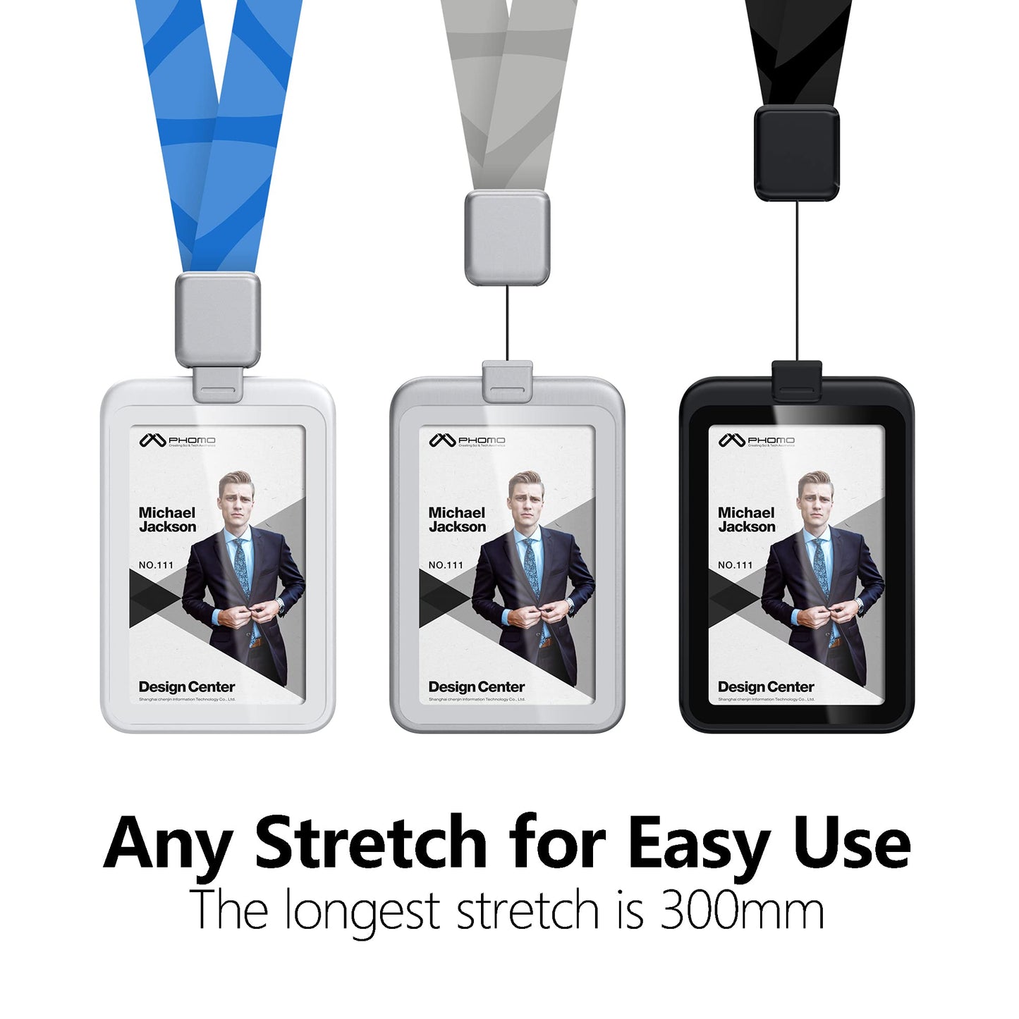 Phomo Self Retractable ID Badge Holders with Carabiner Reel Clip and Badge Lanyard, Heavy-Duty ID Card Holder for Neck, Vertical Style Transparent Hard Accessories Clear, (Holds 1to 2 Cards) (Black)