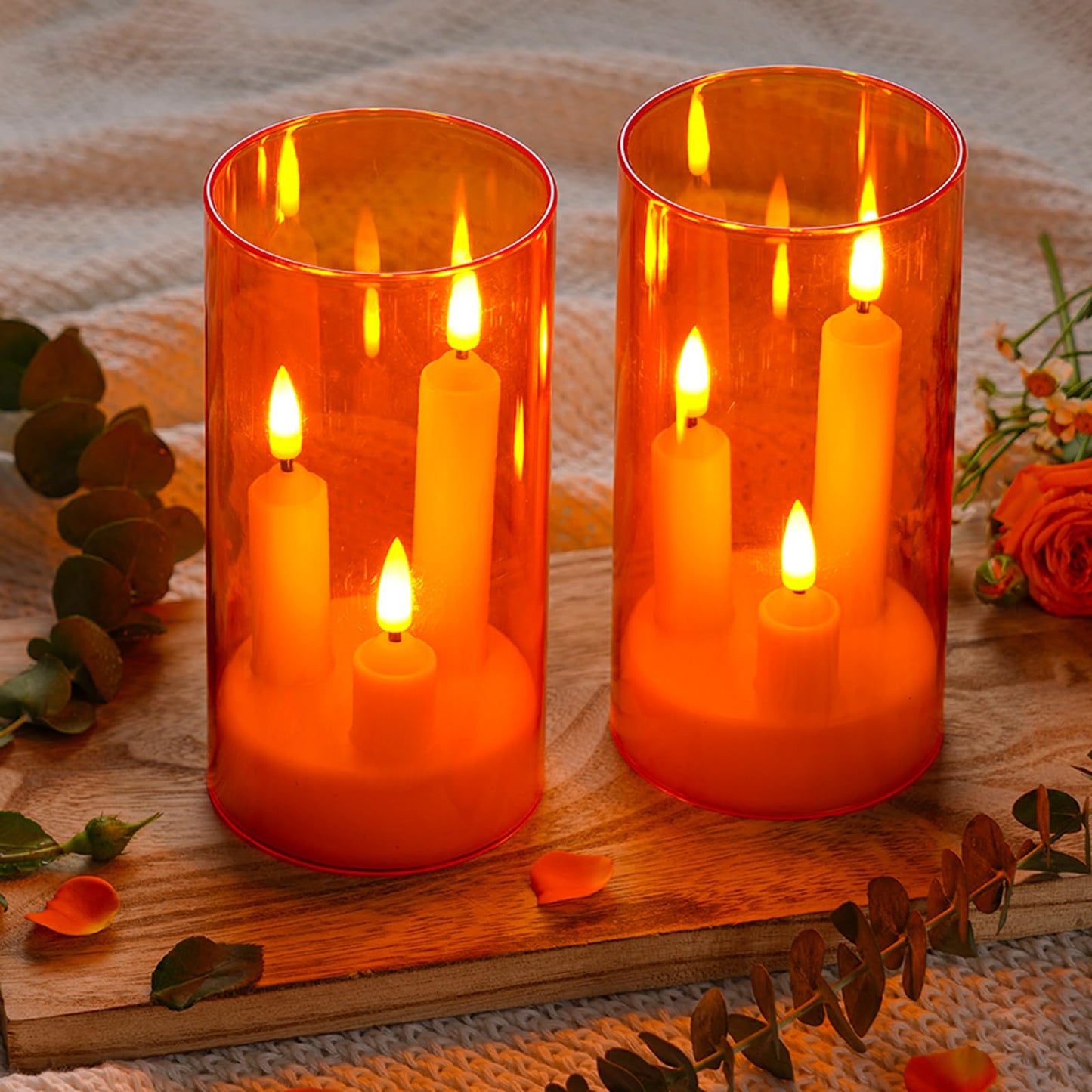 Da by 2 Pack 3D Wick Flameless Taper Candles, Orange Transparent Acrylic Cover, Remote Control Flickering LED Electric Candles, Battery Operated for Halloween Thanksgiving Christmas Home Decor.