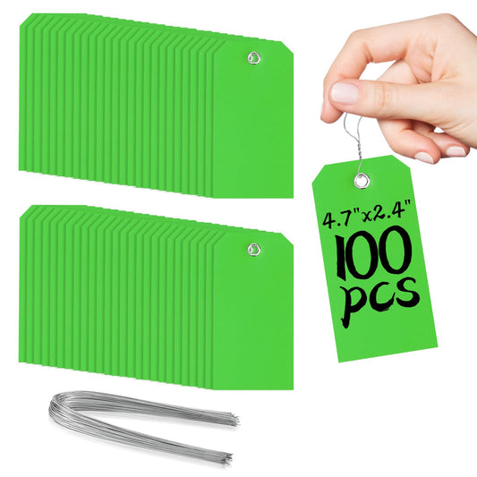 100 Green Tags with Wires - Waterproof, Writable, Neon - 4 3/4" x 2 3/8" Heavy Duty Shipping Tags for Luggage, Parts, Machines