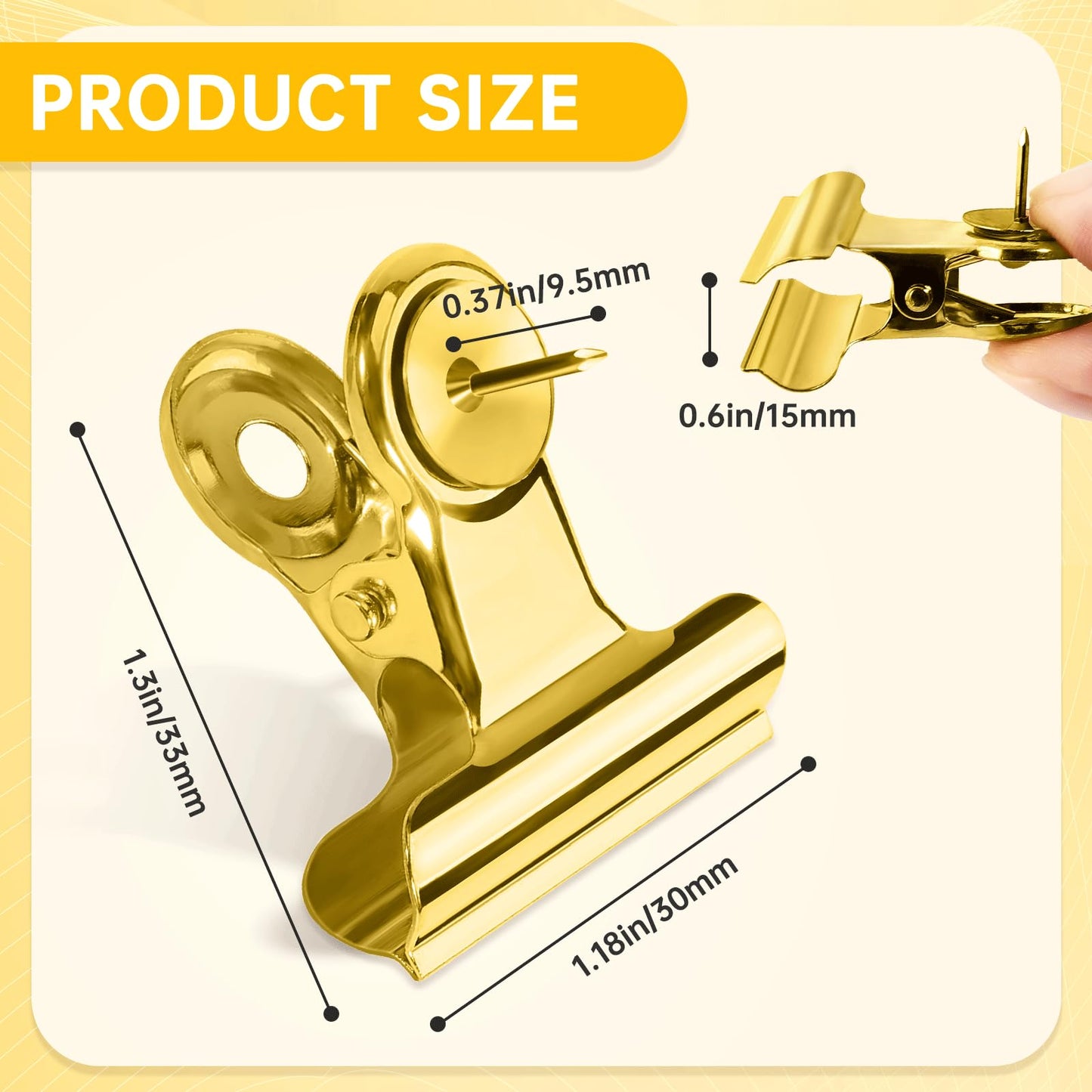 GOOLADA 36Pcs Push Pins Clips, Metal Thumb Tacks, Gold Thumbtacks with Clips, Gold Push Pins for Bulletin Board, Wall,Cork Board, No Holes