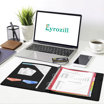 Eyrozill Professional Leather Binder Portfolio with Clipboard, Zipper Pouch, 5 Sheets Plastic Dividers，Leather 3 Ring Binder 8.5 x 11, 1-inch Round Rings, Professional Binder Organizer, Black