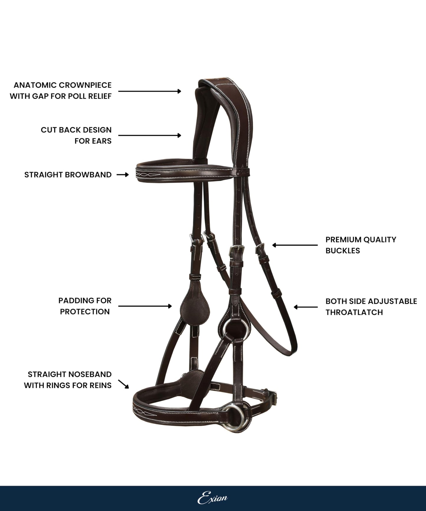 Exion ‘Astra’ Sidepull Bitless Bridle for Horses – Fancy Stitched Padded Leather with Anti-Pressure Crown, Rubber Reins, Stainless Hardware – Black, Brown, Oak | Cob, Full, Oversize, Pony