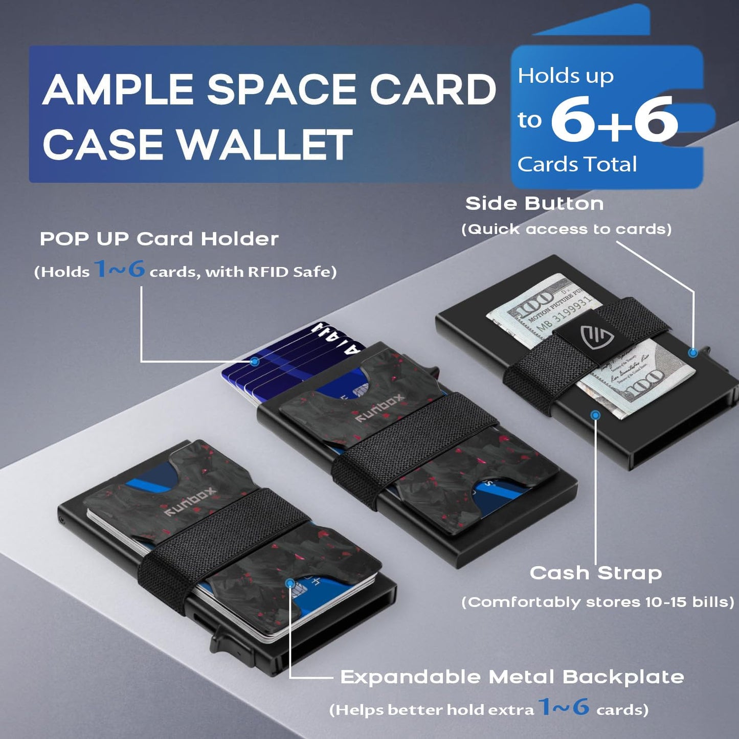 RUNBOX Slim Card Holder Wallet for Men, Minimalist RFID Blocking Wallet with Pop-Up Function, Ultra-Thin Design, Metal Business Card Cases holds 6+6 Cards, Gifts for Men, Men's Accessories