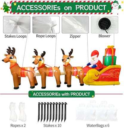 DomKom 12 FT Christmas Inflatable Outdoor Santa Claus on Sleigh with Three Reindeer, Building LED Lights, Blow Up Yard Decoration for Party Garden Lawn Winter Decor