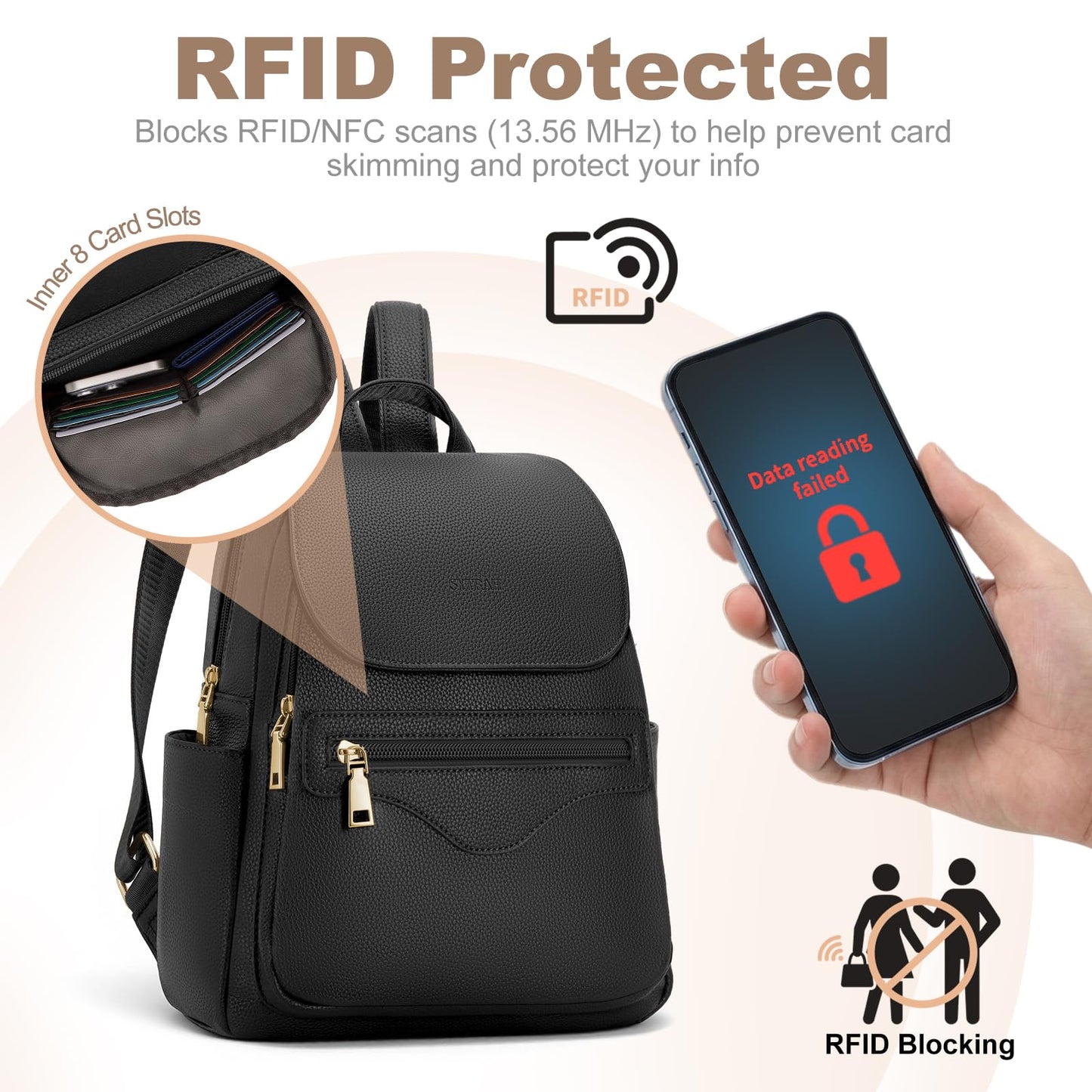 SYTRAH Mini Backpack Purse for Women, Causal Small Backpack with Built-in RFID Wallet & 11" Tablet Sleeve, Stylish Travel Daypack for Daily Black