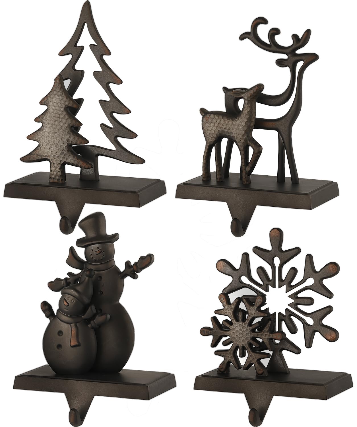 Set of 4 Christmas Stocking Holders for Mantel,Deer Snowman Snowflake Reindeer Stocking Holders for Fireplace Christmas Hanger for Stocking,Metal Stocking Hooks for Xmas Decoration (Black set, 4)