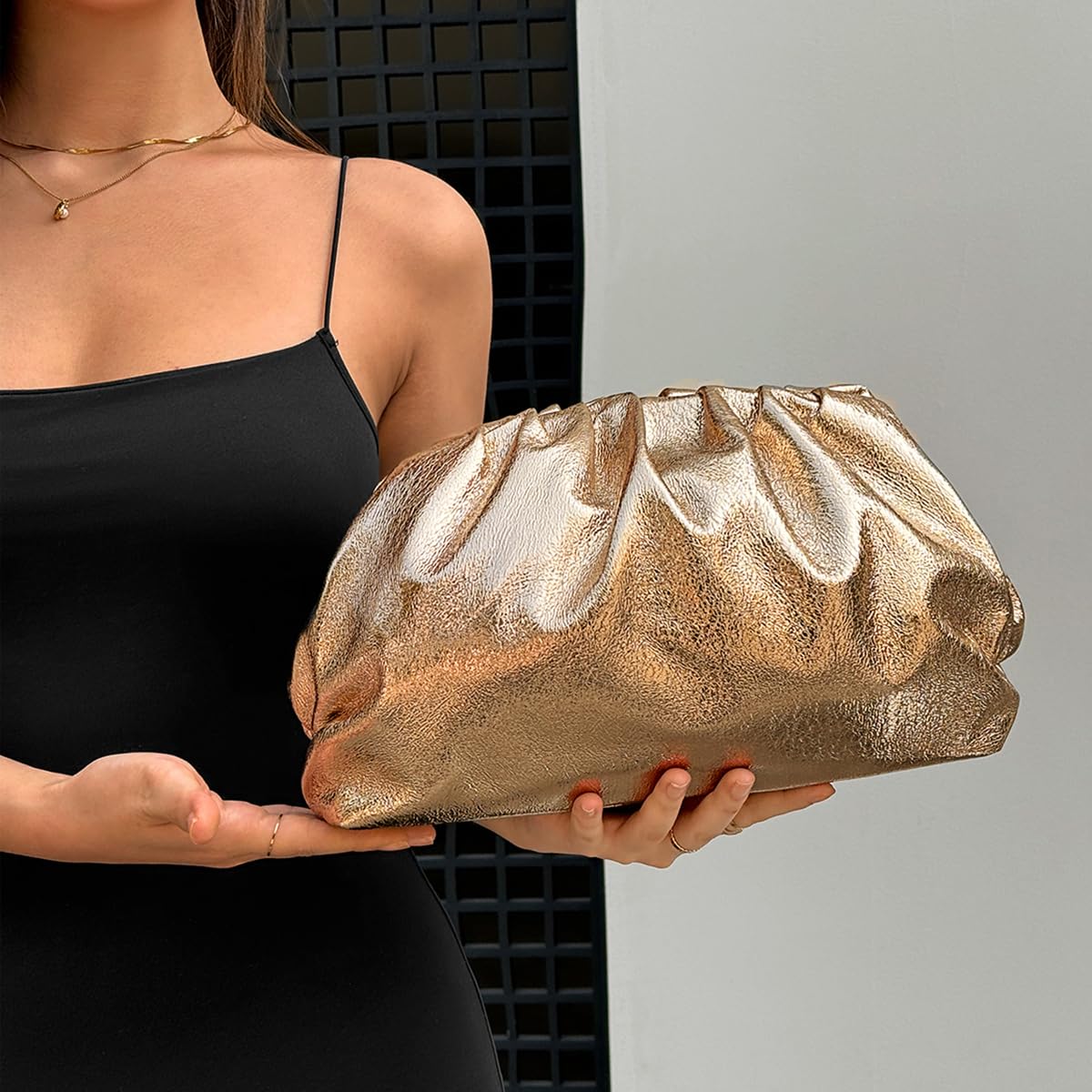 MXCMXC Women’s Evening Bag Vegan Leather Pleated Dumpling Clutch Purse, Soft Evening Handbag for Weddings, Proms, Parties, Formal (Gold)