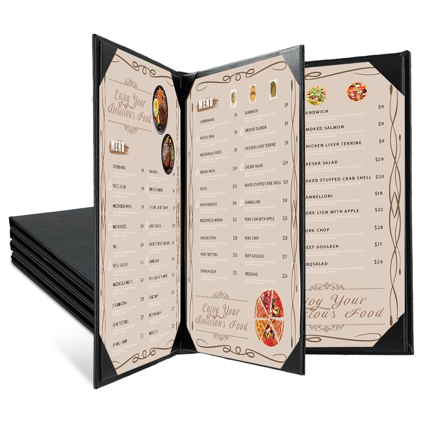 FLKQC Restaurant Menu Covers Holders 8.5 X 11, 5 Pack Synthetic Leather Menu Holder Covers Book Style with Angled Corners Black for Wine List, Certificate Organizer Diploma Holder (3 Page 4 View)