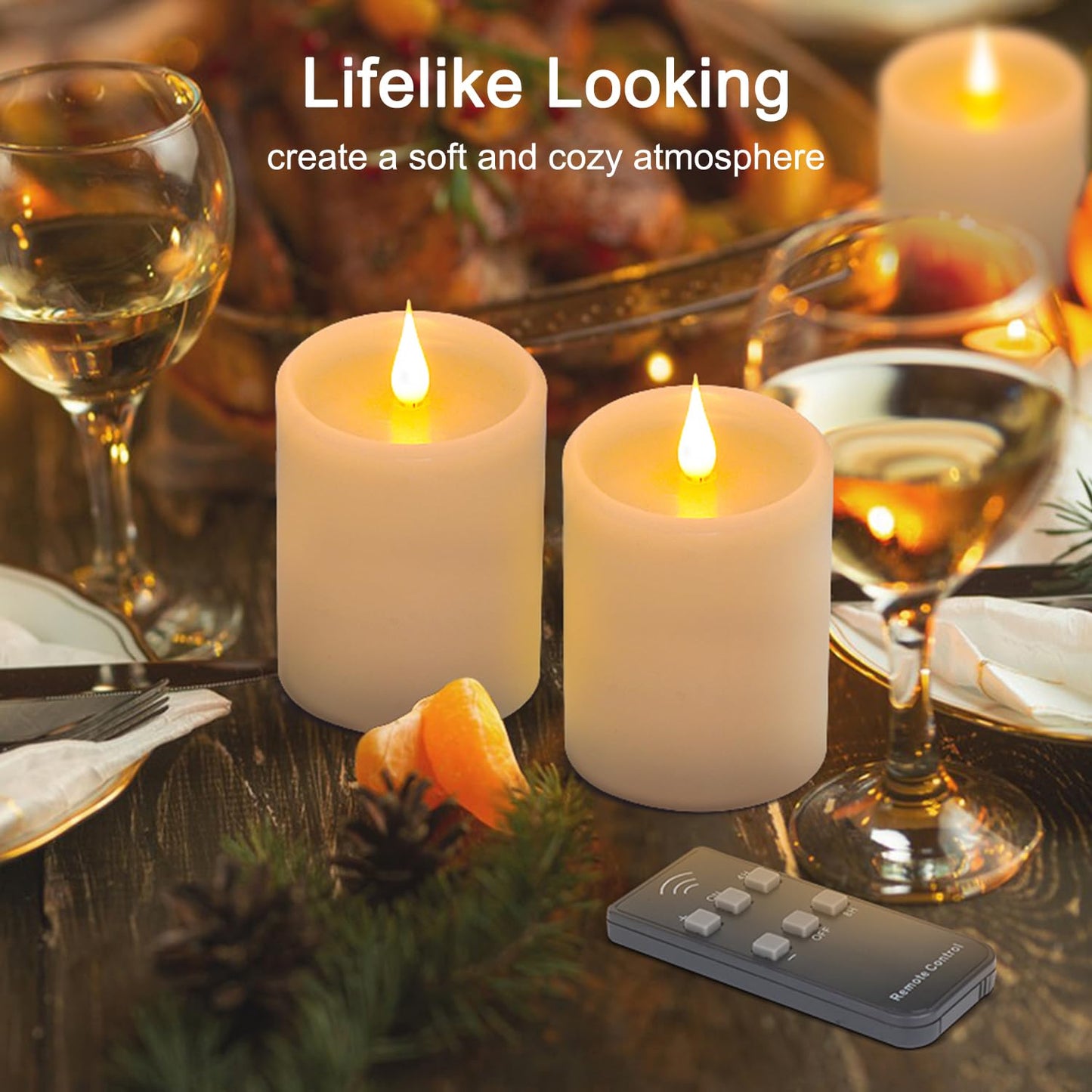 Tediselu Flickering Flameless Candles with 3D Moving Flame, Real Wax Battery Operated Candles with Timer and Remote, Last 600+ Hours, 3" x 4" LED Fake Candles for Home Wedding Christmas Decor, 2 Pack