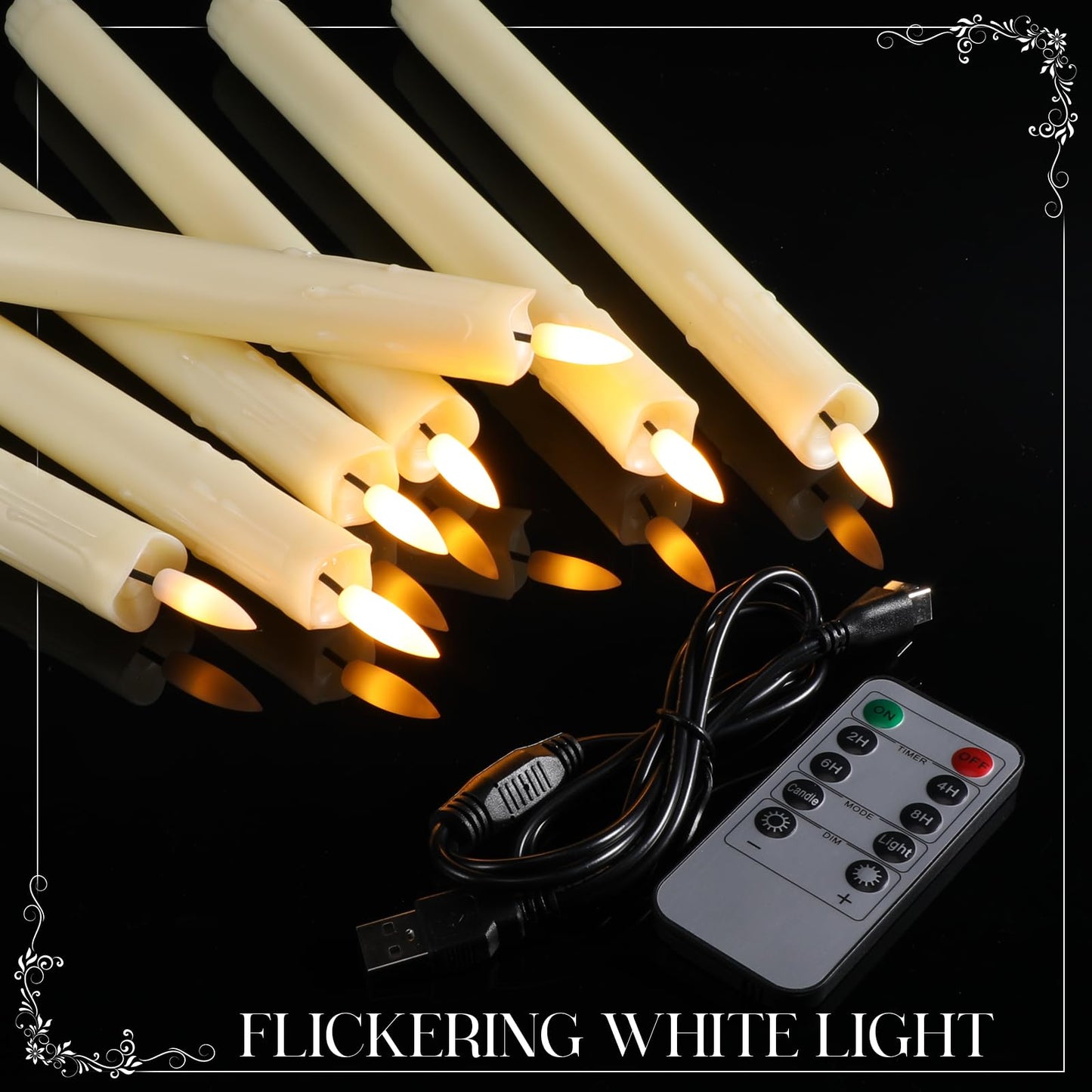Retisee 4 Sets Rechargeable Flameless Taper Candles with Remote and Timer 9.8" Battery Operated Flickering Pillar Candles LED Dripless Wax Candlesticks for Christmas Home Window Fireplace