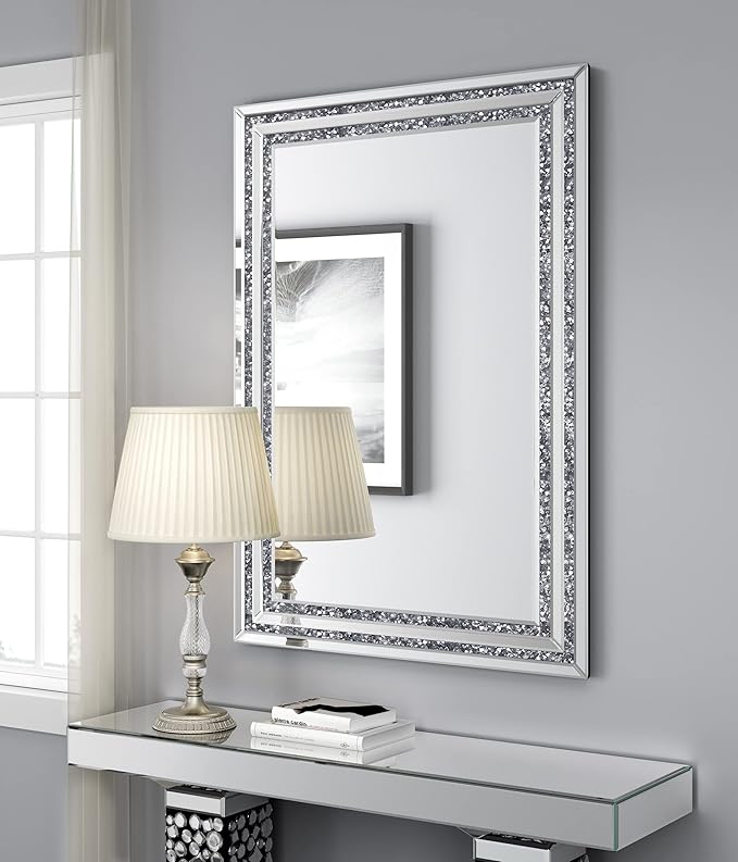 KOHROS Crystal Crush Diamond Rectangle Silver Mirror for Wall Decoration 48x32inch Frameless Wall Mirror Acrylic Diamond Decor Vertically or Horizontally Hanging