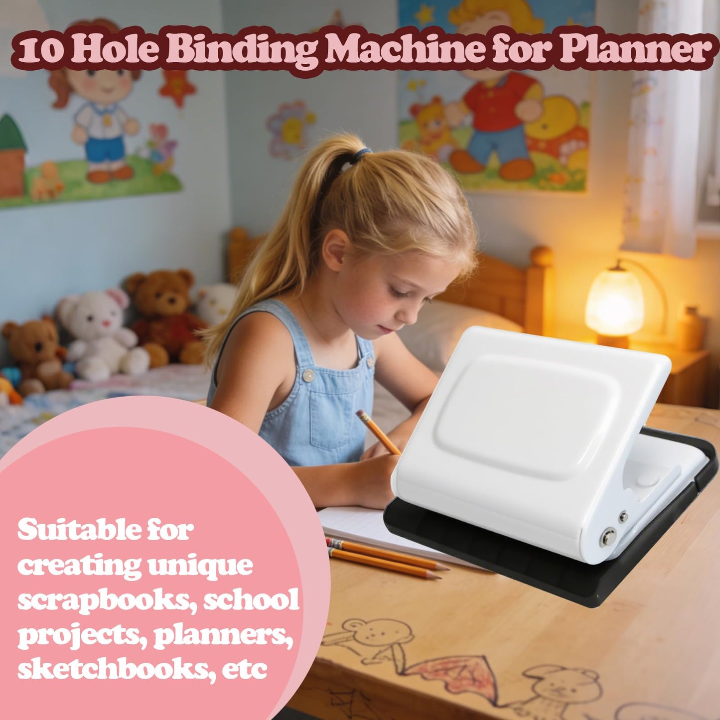10 Hole Punch Binding Machine for Planners, Manual Paper Puncher for DIY Loose Leaf Notebooks, Includes 18 Colorful Binder Rings, Perfect for A4/A5/B5 DIY Scrapbooking, White