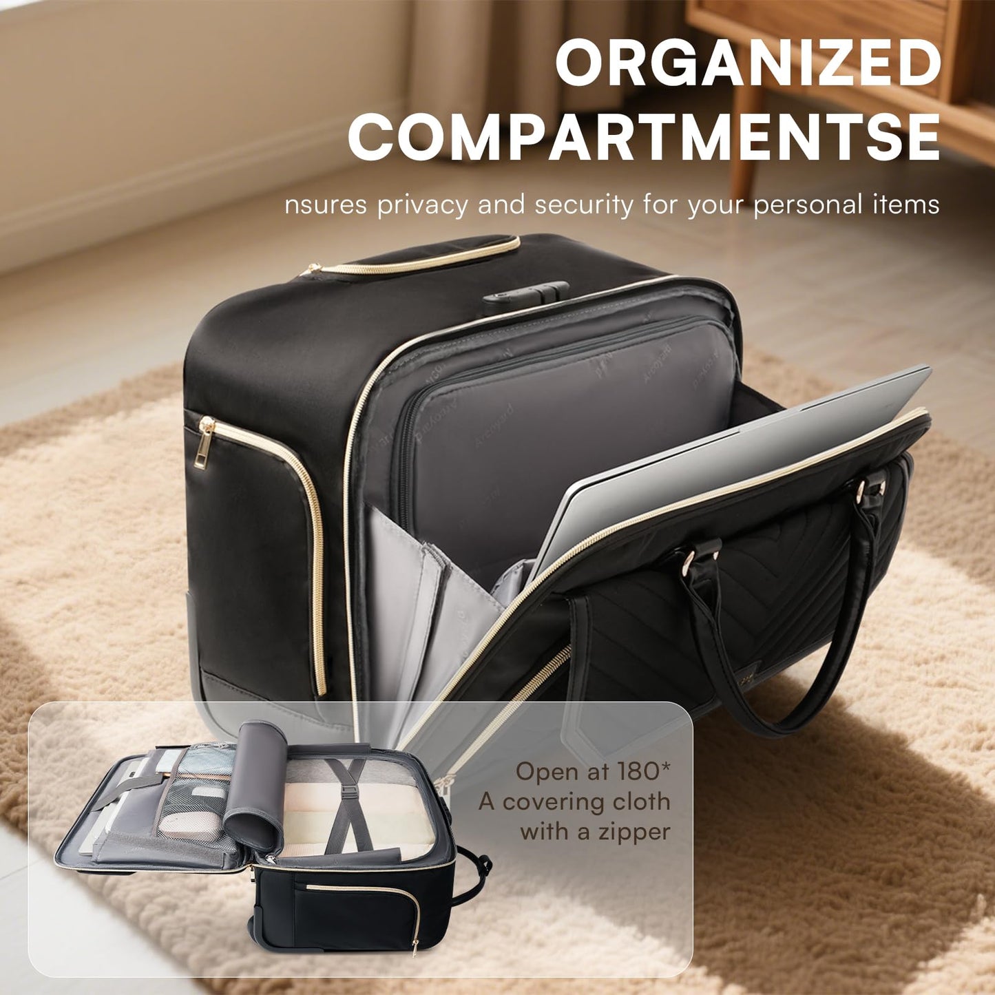 Arcoyard Rolling Laptop Bag Women, Rolling Briefcase for Women for Work, 17 Inch Computer Bag with Wheels, Fashion Flap Laptop Bag With Wheels for Work Business, TSA Friendly Design, Black
