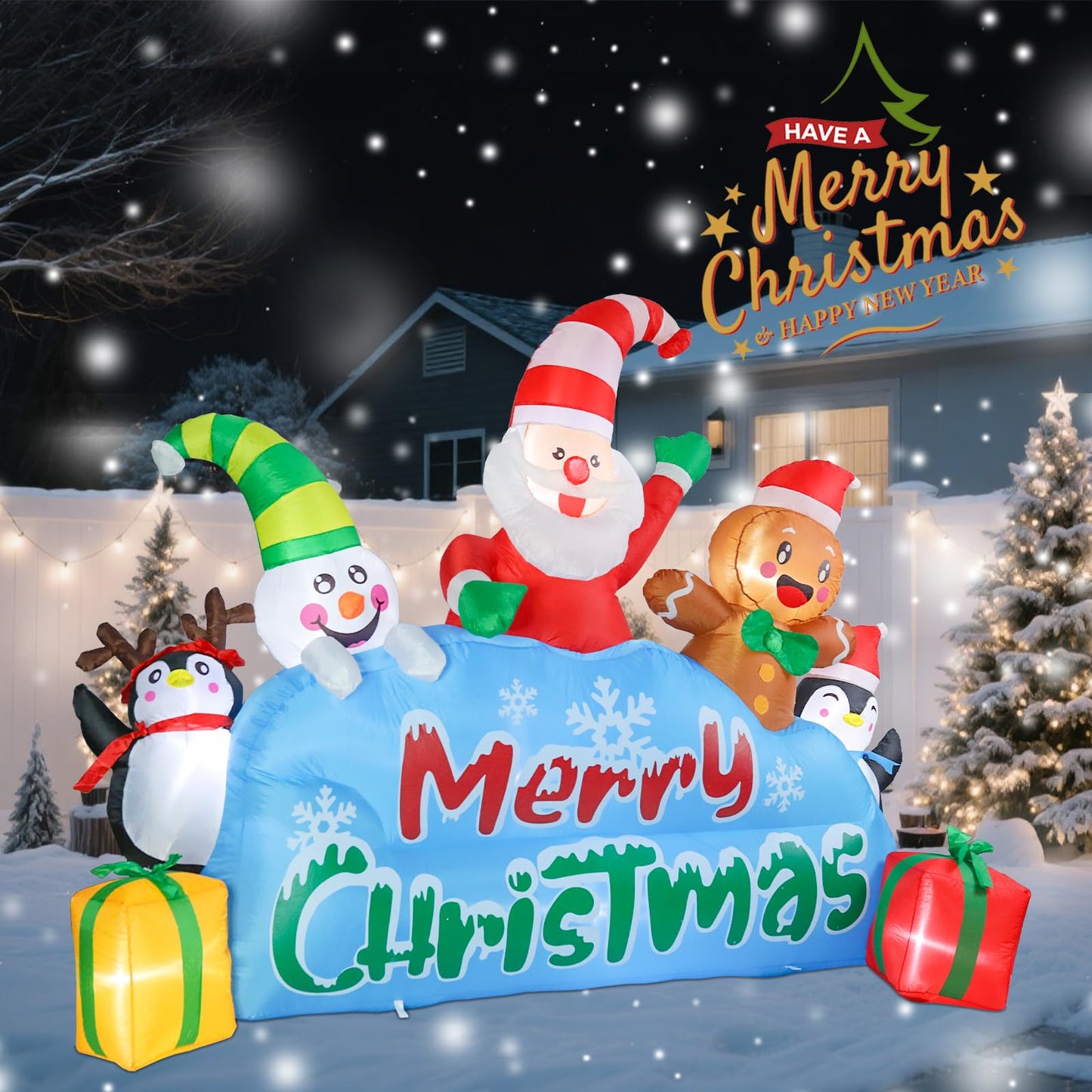 MUMTOP 7.5FT Long Christmas Inflatables Outdoor Decorations, Inflatables Santa Snowman Gingerbread Man Penguins Blow up Merry Christmas Yard Decorations Built-in LED Lights for Outdoor Party Holiday
