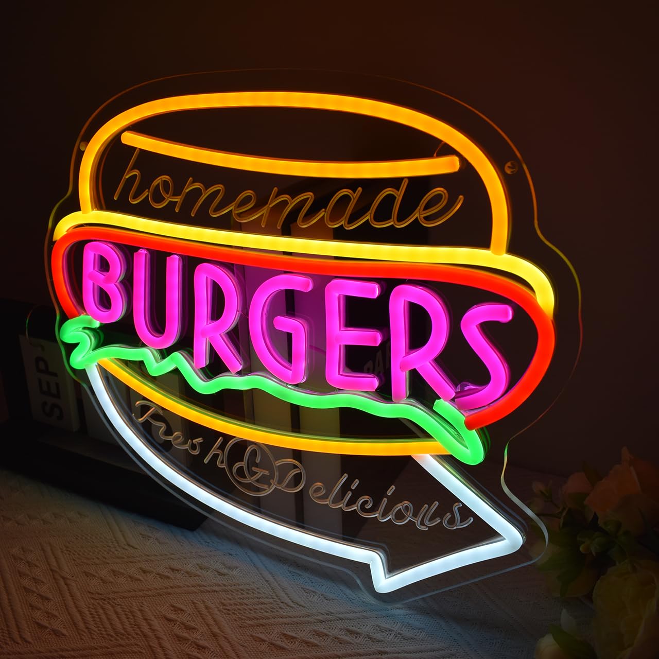 GYCLFNDDONG Burgers Neon Sign Business Hamburger Food Shop LED Neon Light for Wall Decor, USB Powered Burgers Art Signs for Kitchen Bar Restaurant Snack Food Shop Decoration