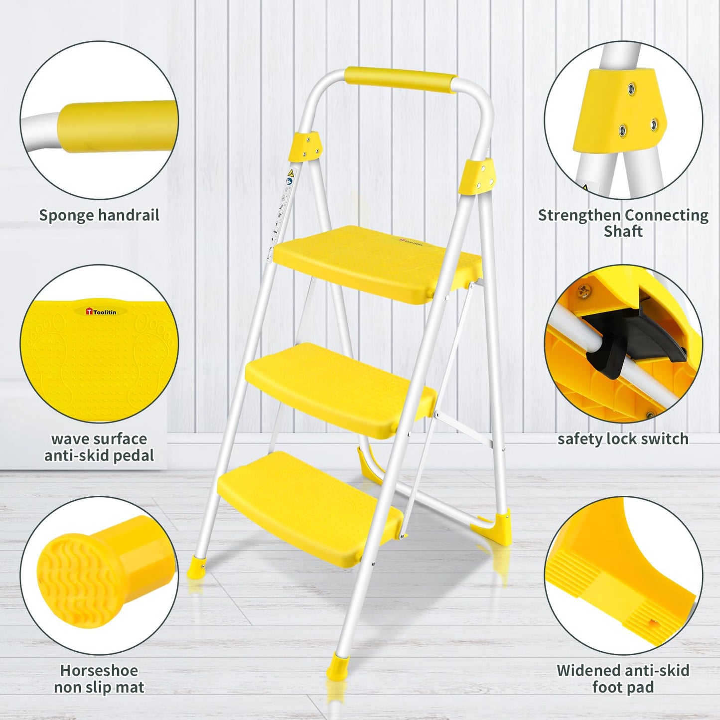 TOOLITIN 3 Step Ladder, Folding Step Stool with Wide Anti-Slip Pedal, 500lbs Sturdy Steel Ladder, Convenient Handgrip, Lightweight, Portable Steel Step Stool for Household, Kitchen, Office, Yellow