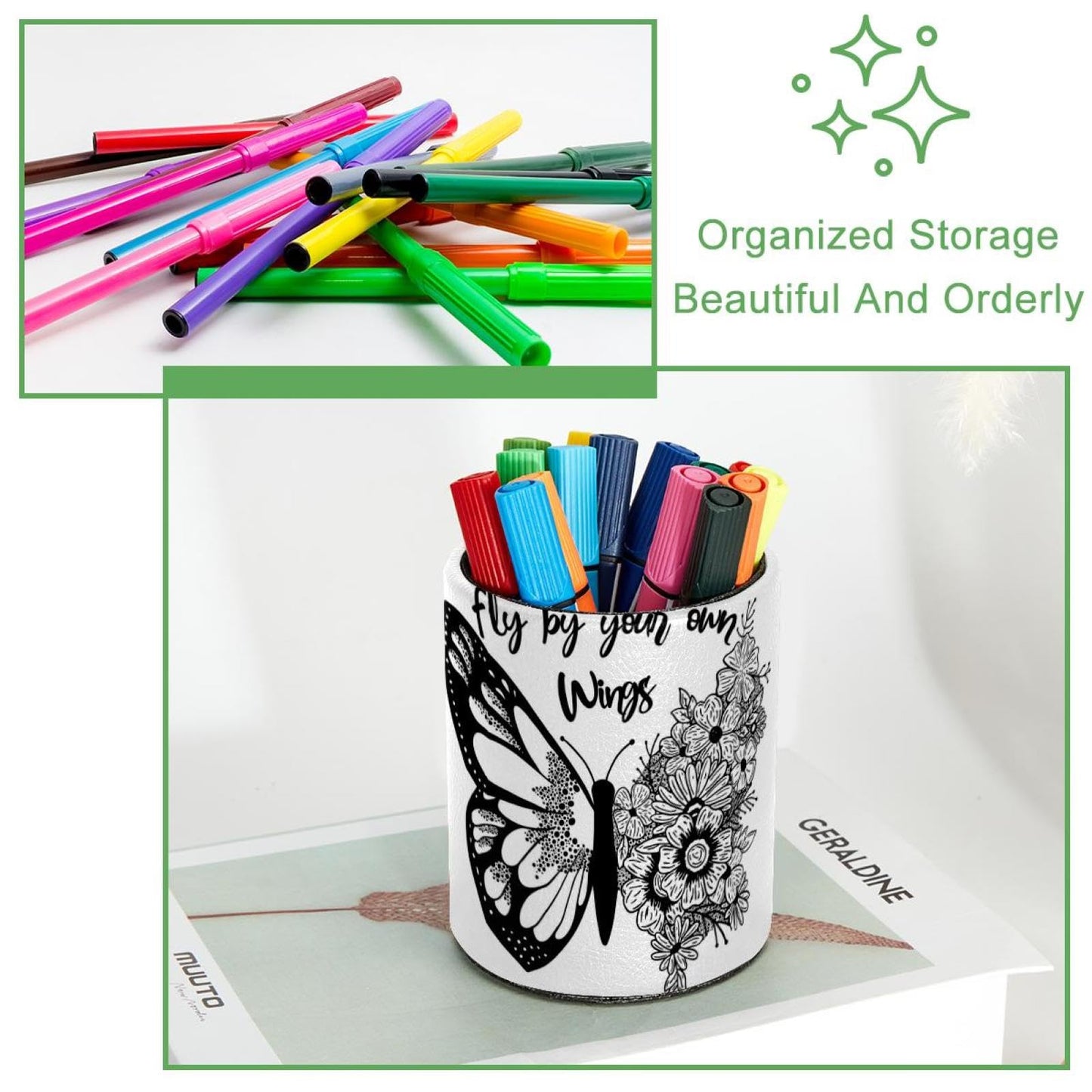 LWSHUNYI Black and White Butterfly Flowers Pen Holder, PVC Leather Pencil Holder for Desk, Pencil Cup Pot Desk Organizer and Accessories Makeup Brush Holder for Office, School, Home, Art Supply