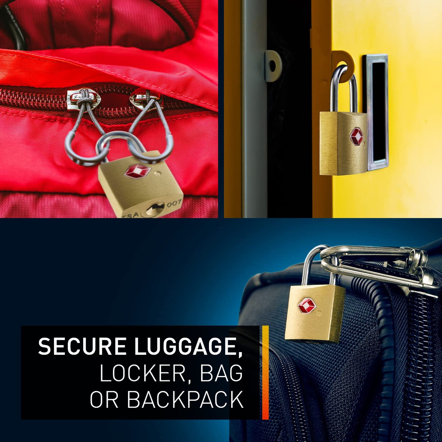 Lewis N. Clark Mini Brass Square TSA Lock + Padlock for Luggage, Suitcase, Carry On, Backpack, Laptop Bag or Purse - Perfect for Airport, Hotel, & Gym, 2 Keys Included - 3 Pack