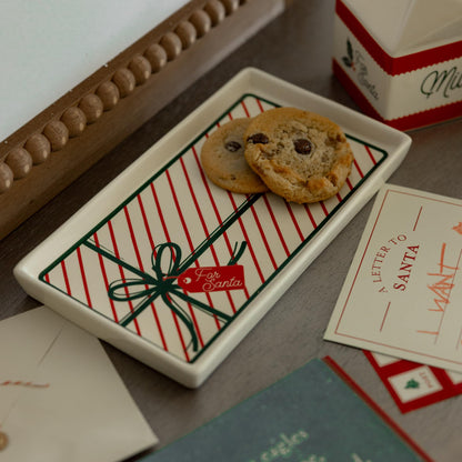 Steel Mill & Co Ceramic Milk & Cookies for Santa Set, 2-Piece Christmas Eve Tray & Milk Jug Gift Box Design, Holiday Tableware Set for Festive Christmas Décor (Bow)
