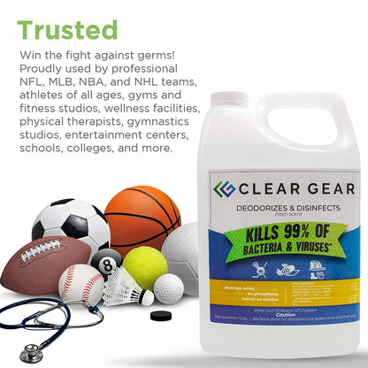 Clear Gear - Disinfectant, Cleaner, and Deodorizer for Sports Equipment, Gyms, and Fitness Centers - EPA-Registered, Hospital Grade, Made in USA - 1 Gallon Bottle