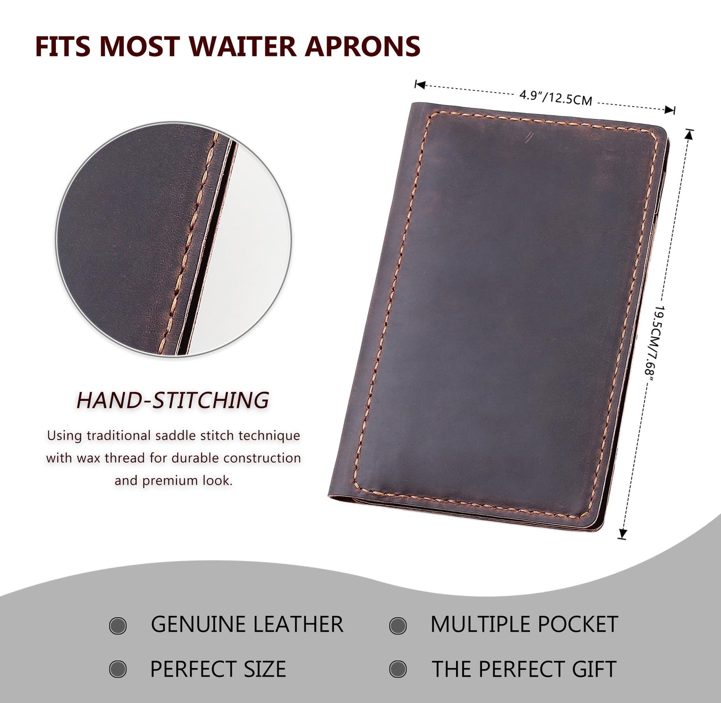 Server Book Organizer with Zipper Pocket, Genuine Leather Restaurant Guest Check Presenters Card Holder for Waitress, Waiter Accessories Fit Server Apron - Coffee