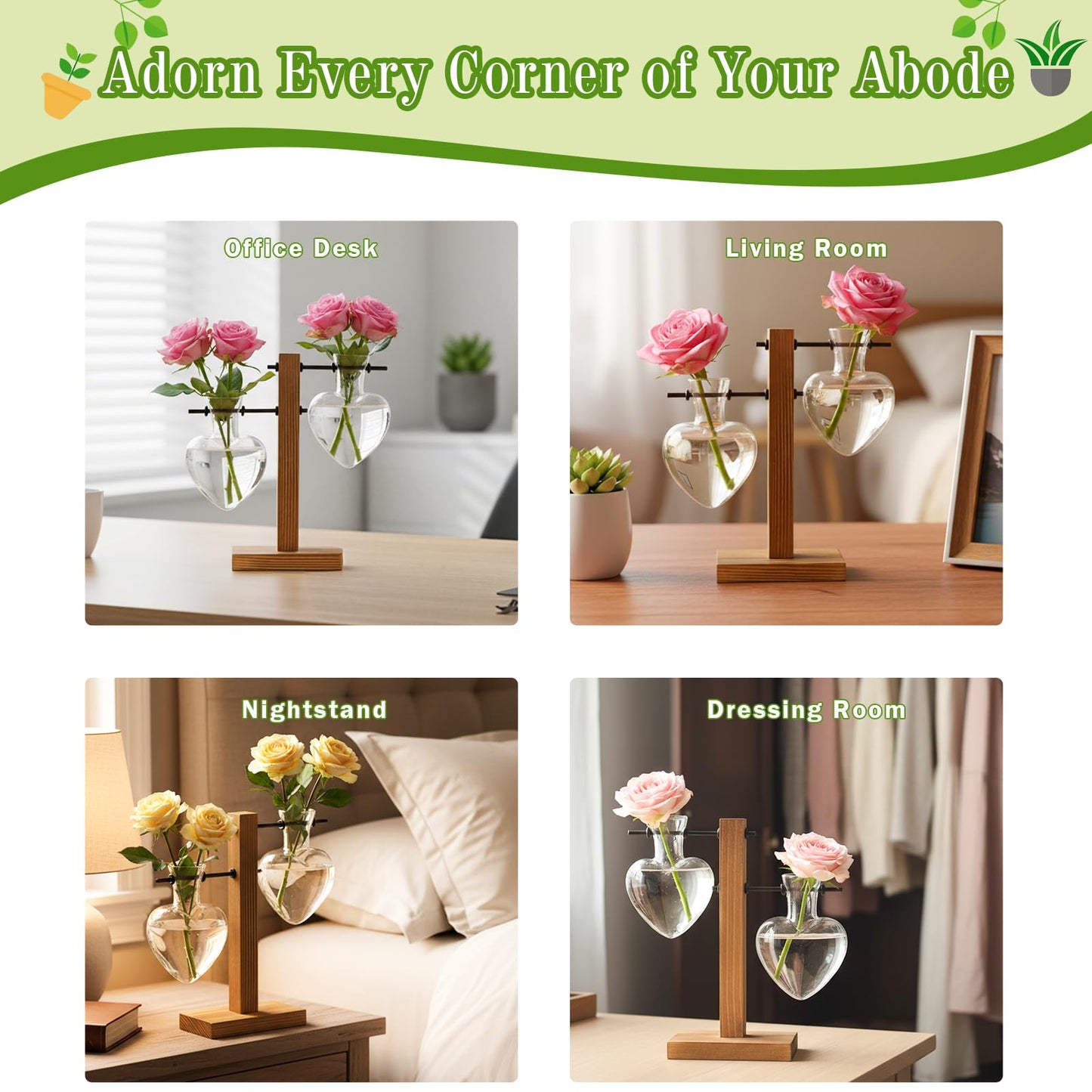 XXXFLOWER Plant Terrarium Wooden Stand, Hydroponic Planter Bulb Glass Metal Swivel Holder Retro Air Plants Water Plants for Home Office Decoration,Gifts for Plant Lover Wife Mom- 2 Love Bulb Vase