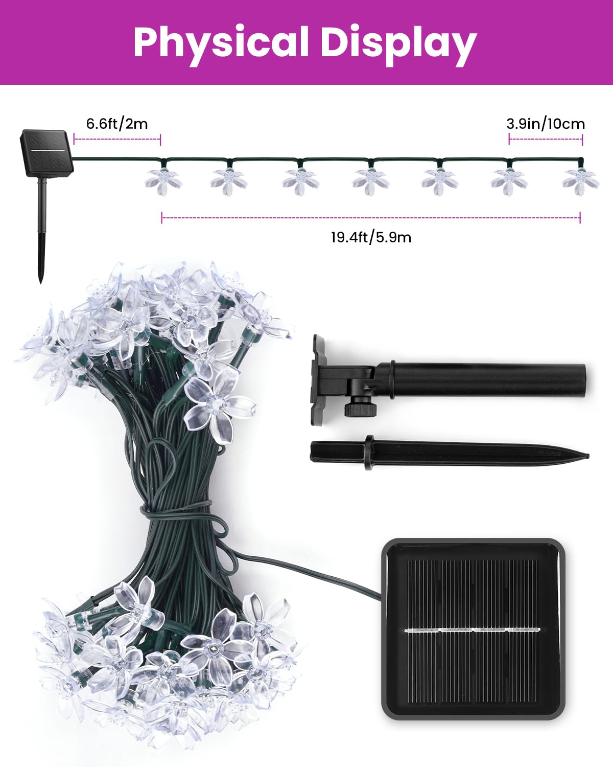 Brightown 60 LED Solar String Lights Flower Outdoor Waterproof Fairy Lights for Garden Yard Fence Patio Christmas Tree Wedding Party Decor, Pink