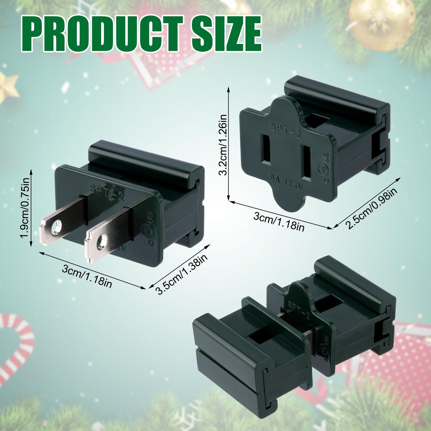 20pcs Holiday Christmas Lighting Outlet Green Slip Plug Set, 10 Male & 10 Female Vampire Adapter Ends, Electric Connector for SPT-2