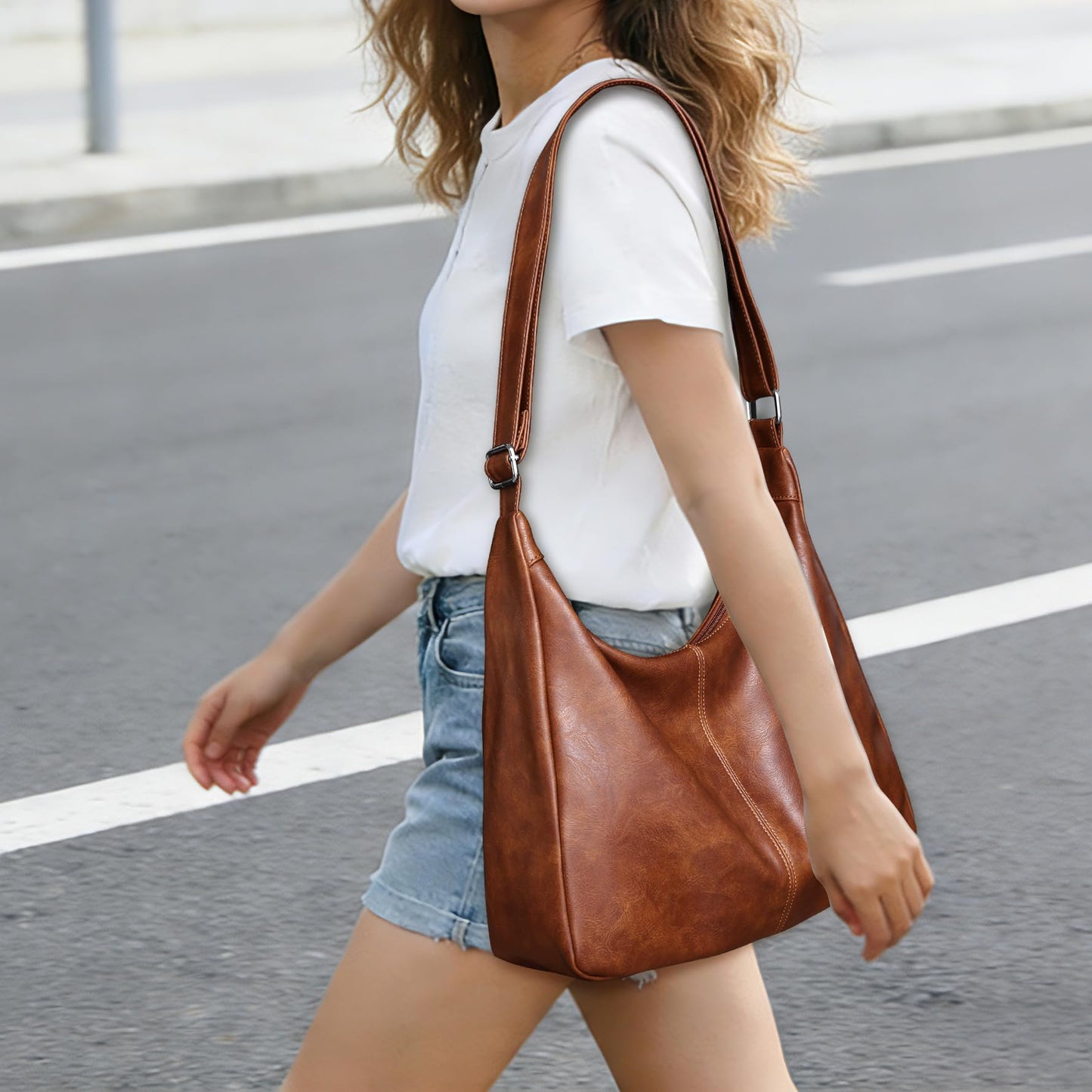 Hobo Bags for Women Vegan Leather Purses Slouchy Shoulder Bag Womens Tote Crossbody Foldable Ladies Handbag Brown