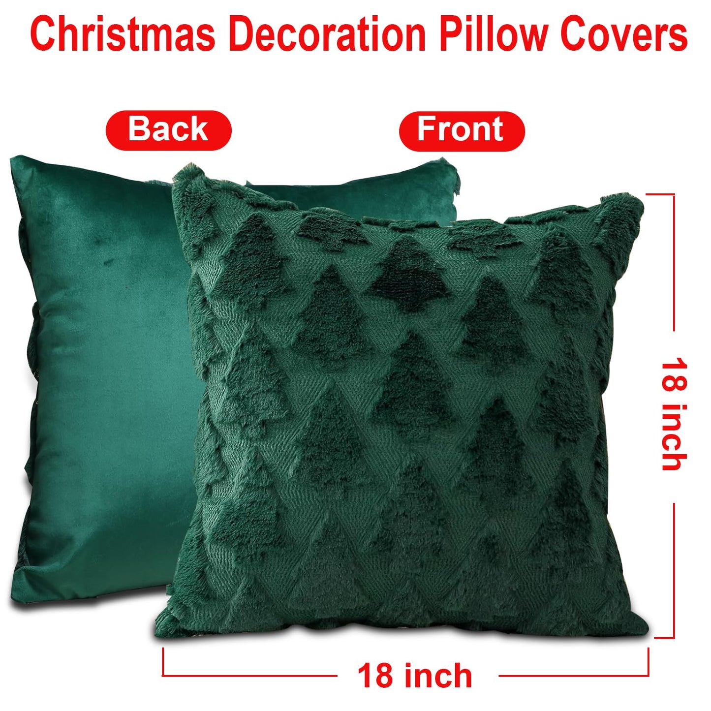 Christmas Pillow Covers 18'' x 18'' Set of 2, Soft Faux Rabbit Fur 3D Embroidery Christmas Tree Throw Pillow Covers for Holiday Christmas Decor Sofa, Couch, Skin-Friendly, Invisible Zipper