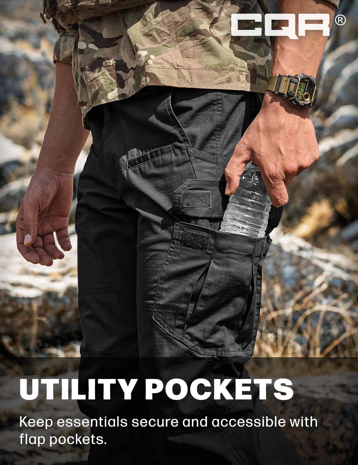 CQR Men's Tactical Pants, Water Resistant Ripstop Cargo Pants, Lightweight EDC Work Hiking Pants, Outdoor Apparel, Raider Black, 46W x 30L