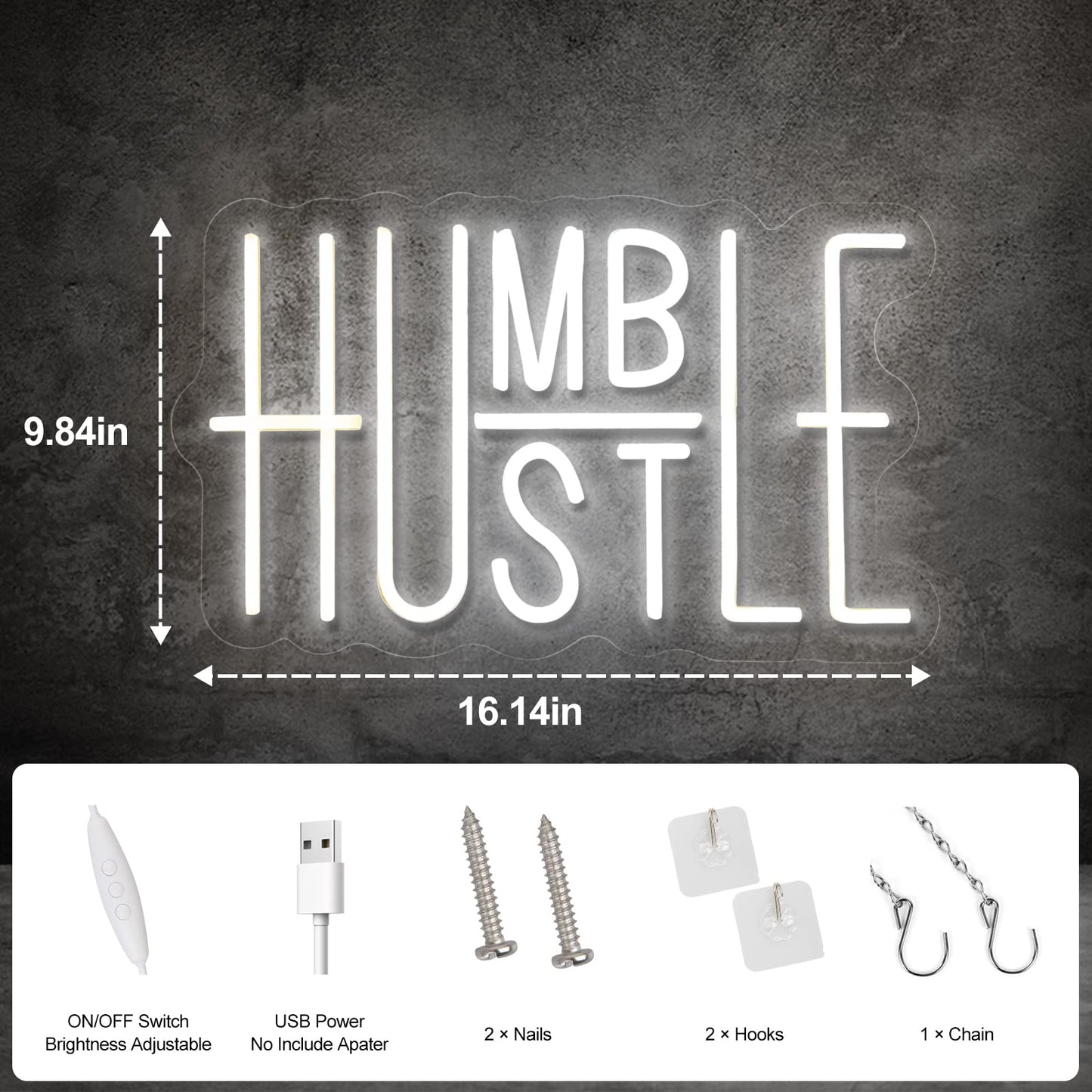 Hustle LED Neon Sign for Wall Decor, Words LED Neon Lights Party Decorations, USB Powered Switch Brightness Adjustable for Office Room, Gym Room, Man Cave, Gamer Room Decor (Hustle (White))