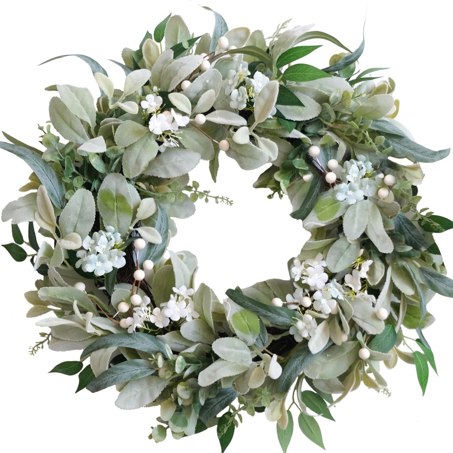22 Inch Spring Everyday Lamb Ears Leaves Wreath with White Wild Flowers and Berries for Front Door, Welcome Wood Sign Green Leaves Wreath for Indoor Outdoor, Everyday Leaves Home Decor