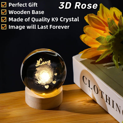 Arikyrist 3D Rose Crystal Ball Gift for Girlfriend, Laser Engraved Rose Flower Glass Sphere Home Decor, Crystal Ball Night Light with Wooden Light Base