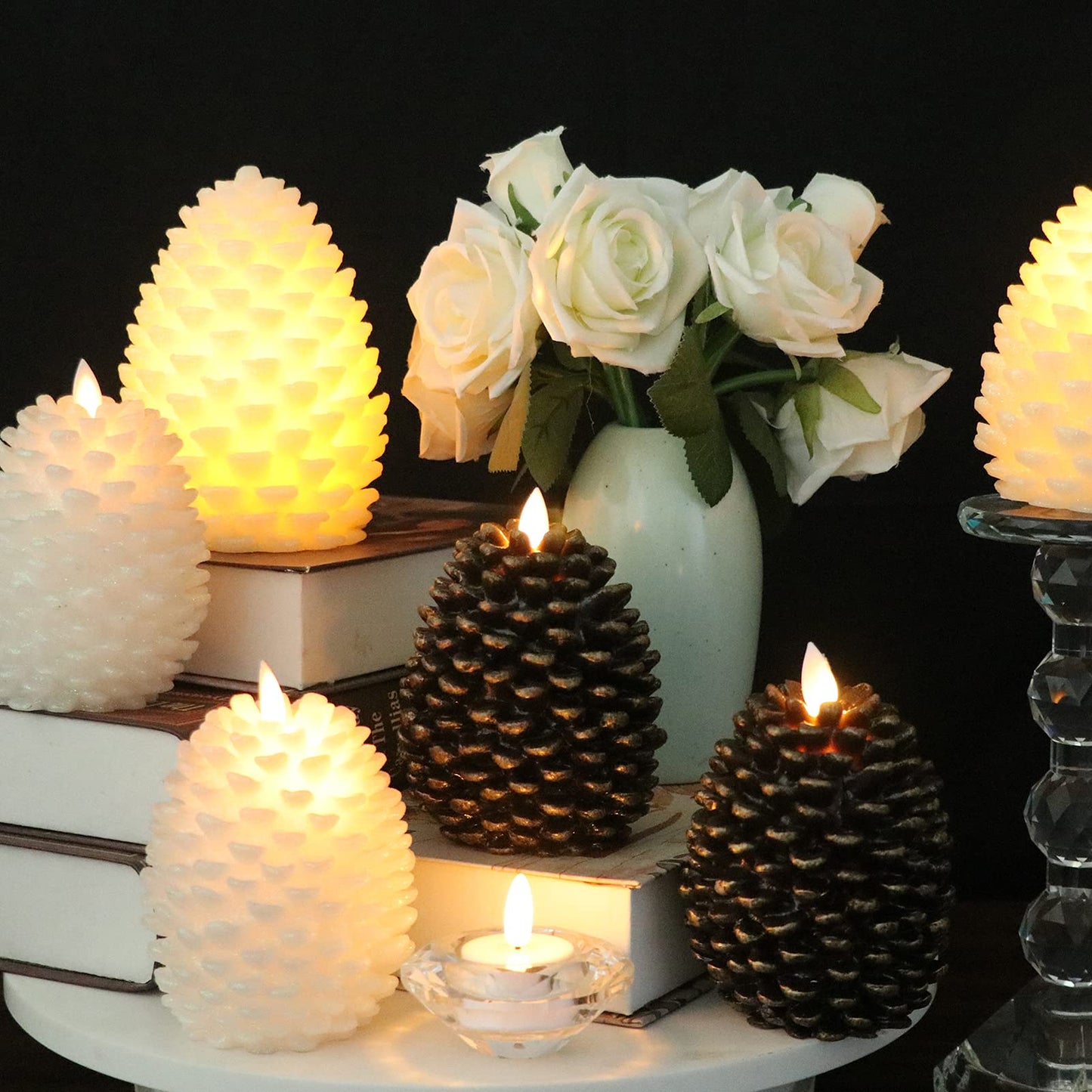 Wondise Pine Cone Flickering Flameless Candles with Remote and Timer, Battery Operated LED Real Wax Flameless Candles, for Christmas Decoration, Set of 2(Ivory)