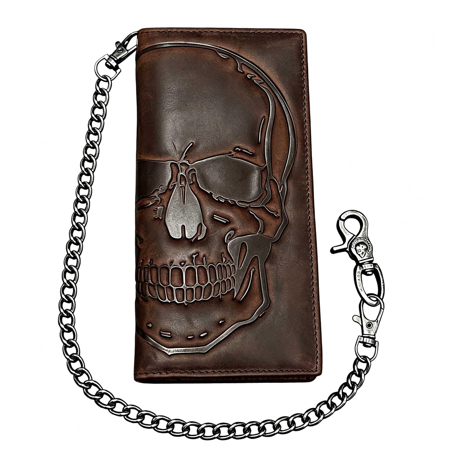 Paomadeng Skull Long Bifold Wallet for Men Full Grain Cowhide Genuine Leather Biker Wallet with Chain, RFID-Blocking, Brown