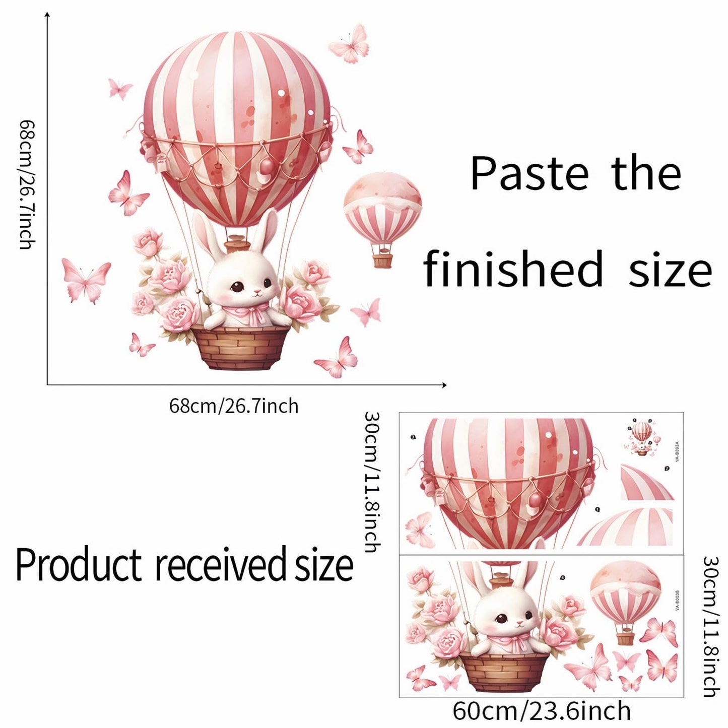Pink Bunny Butterfly Rose Hot Air Balloon Wall Stickers, sacinora Cute Rabbit Wall Decals Removable Vinyl Peel and Stick for Kids Baby Girls Nursery Living Room Bedroom Preschool Art Decorations