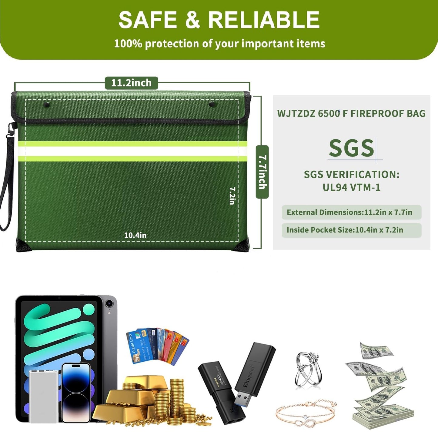WJTZDZ Upgraded Fireproof Money Bag, 10 Layers of Heat Insulated Materials, 6500F Fireproof, Waterproof Zipper, Reflective Strip, Document Bag with Handle for Cash, Important Documents