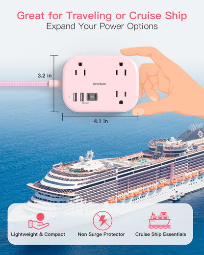 Cruise Essentials 2025,One Beat Travel Power Strip with USB C,Flat Plug Extension Cord with 3 Outlets 4 USB Ports(2 USB C),5 ft Desk Wall Outlet Extender,Non Surge Protector for Cruise,Dorm Room,ETL