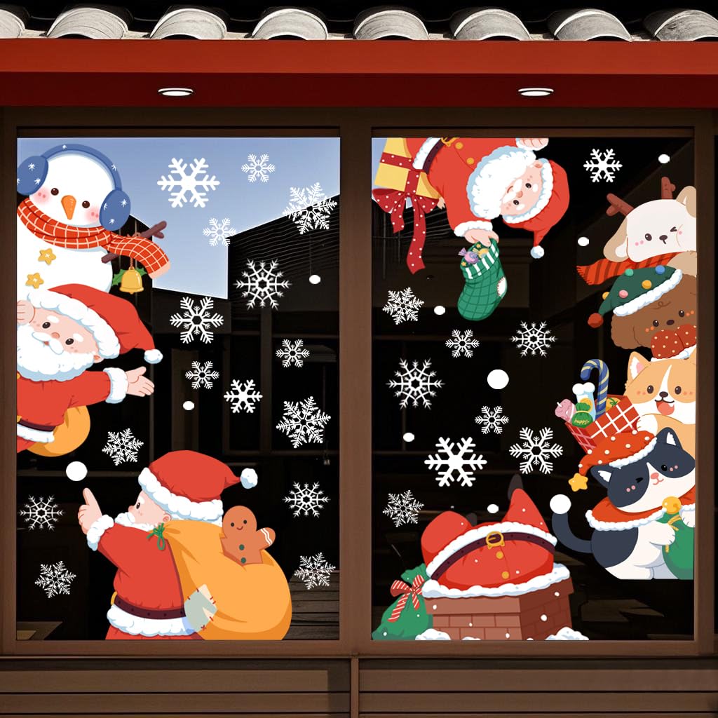 Extra Large Christmas Sticker Santa Claus Snowman Window Clings Stickers for Glass, Cartoon Windows Static Stickers, Snowflake DIY Wall Window Door Mural Showcase Decal Sticker (Santa Claus)