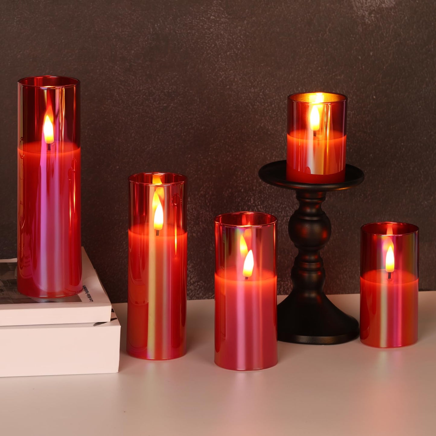 Girimax Red Glass Flameless Candles with Remote Batteries, Flickering Christmas LED Pillar Candles Set of 5