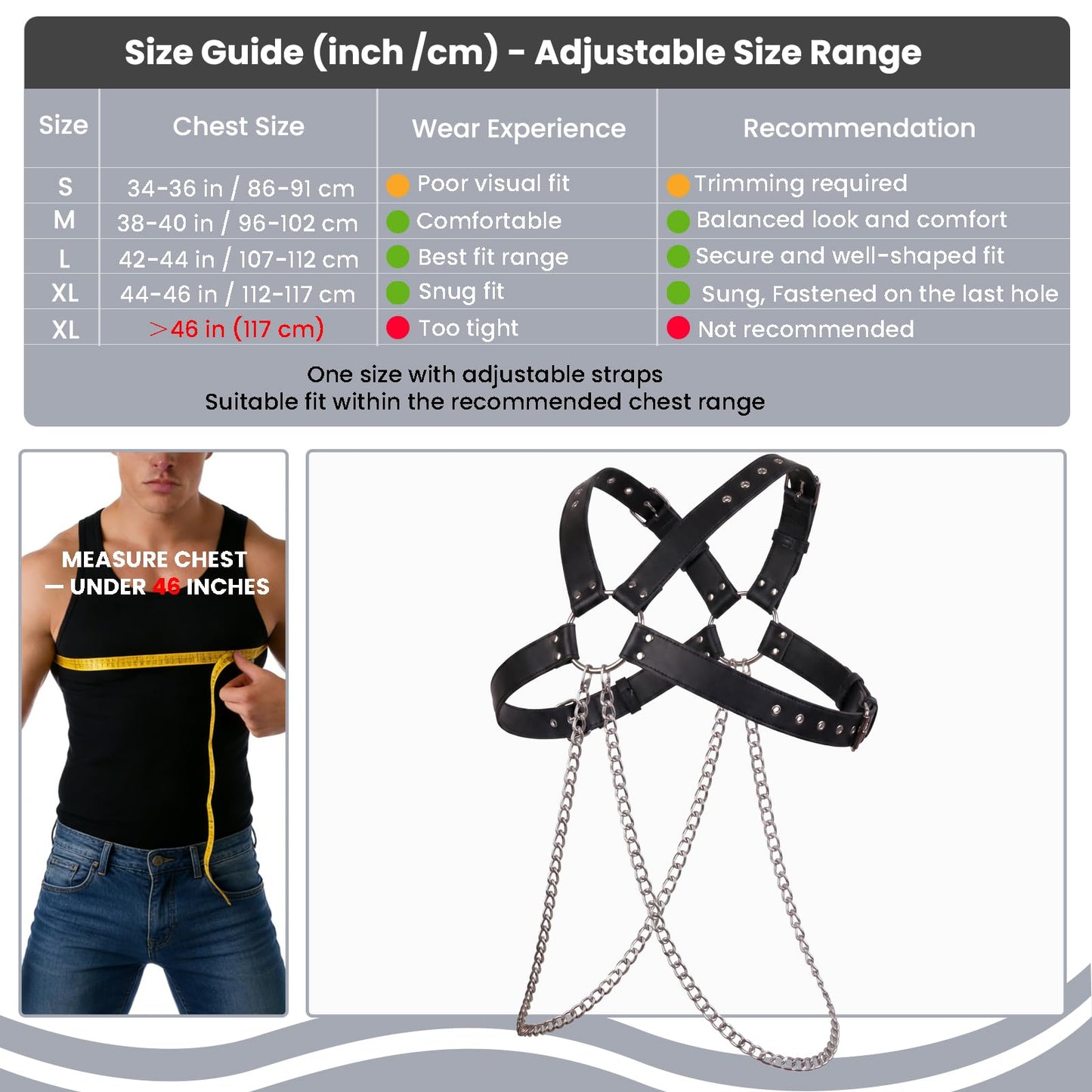 Brycarely Mens PU Leather Chest Harness Chains Costume Cosplay Top, Adjustable Body Harness Shoulder Straps Male Punk Fashion Steatement Rave Outfit for Music Festival Party Halloween Cosplay D167