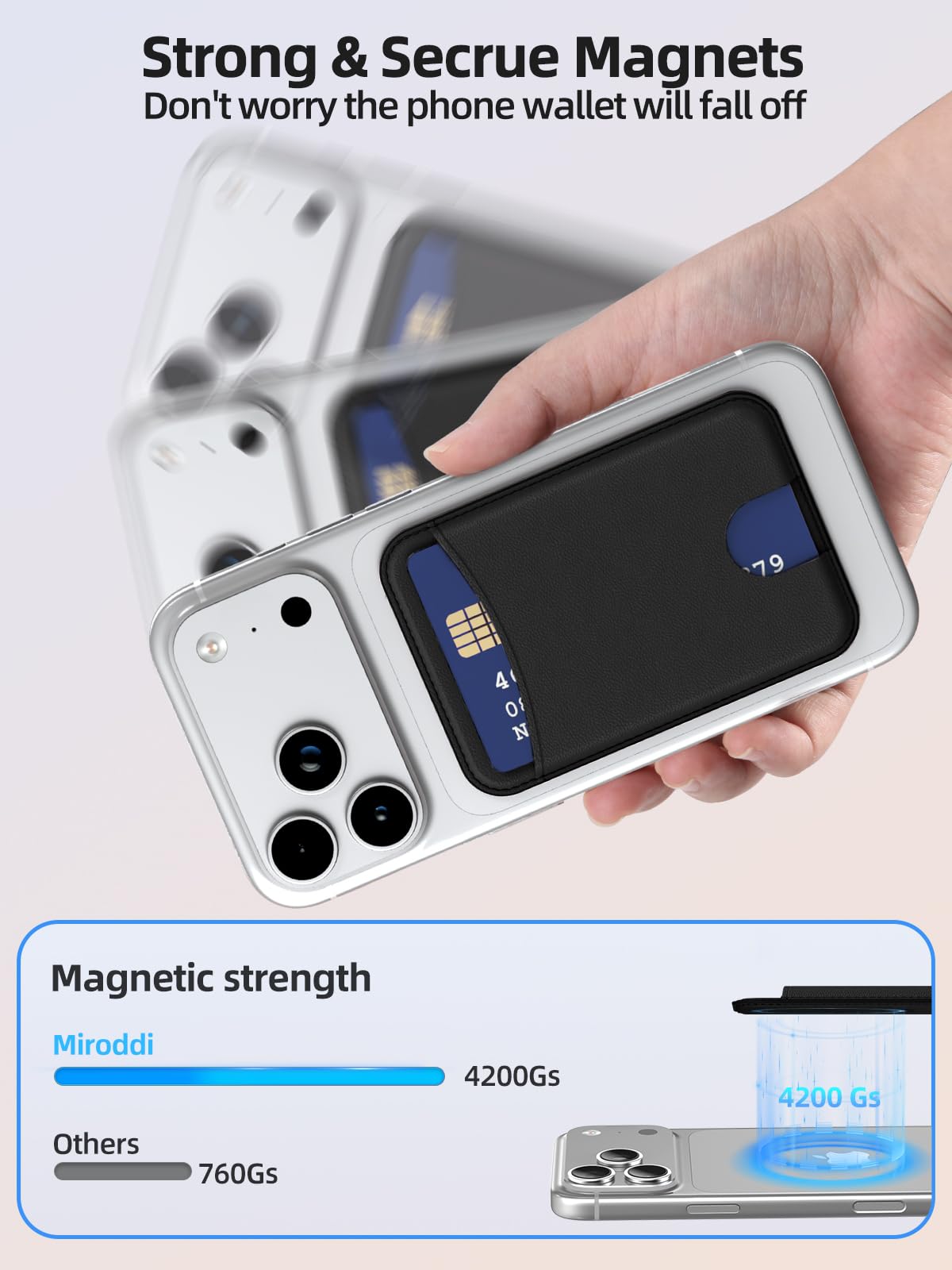 Miroddi for Magsafe Wallet, Magnetic Card Holder for iPhone 17/16/15/14/13/12 Series, Leather Magnet Phone Wallet Fit 4 Cards 3 Cash, Ultra-Thin, RFID Blocking, Black