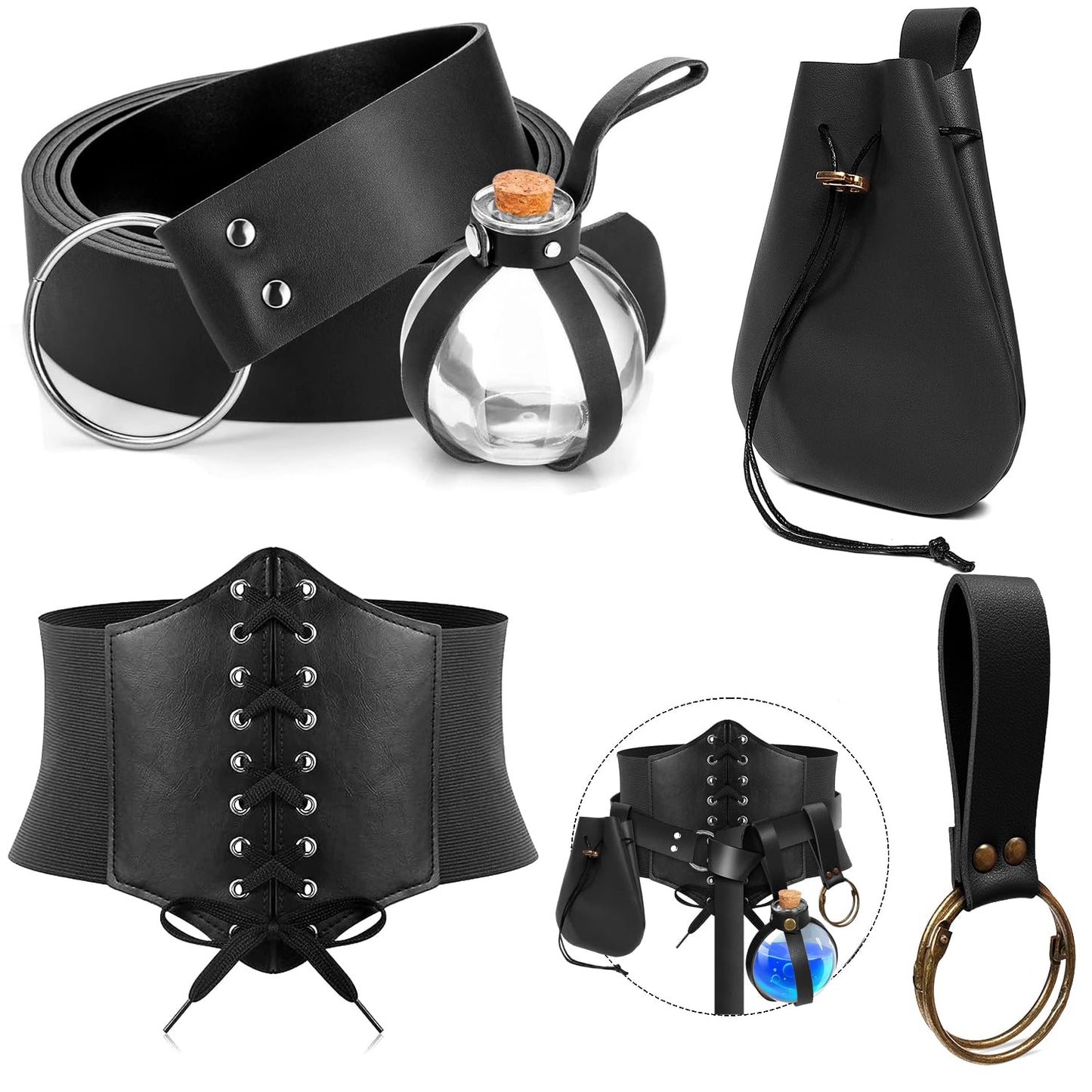 SUMGOGO 5PCS Corset Renaissance Belt Medieval Renaissance Belt Pouch Cork Potion Bottle Hikes Festival Halloween Costume Accessories (Black, L-Waist/32-43")