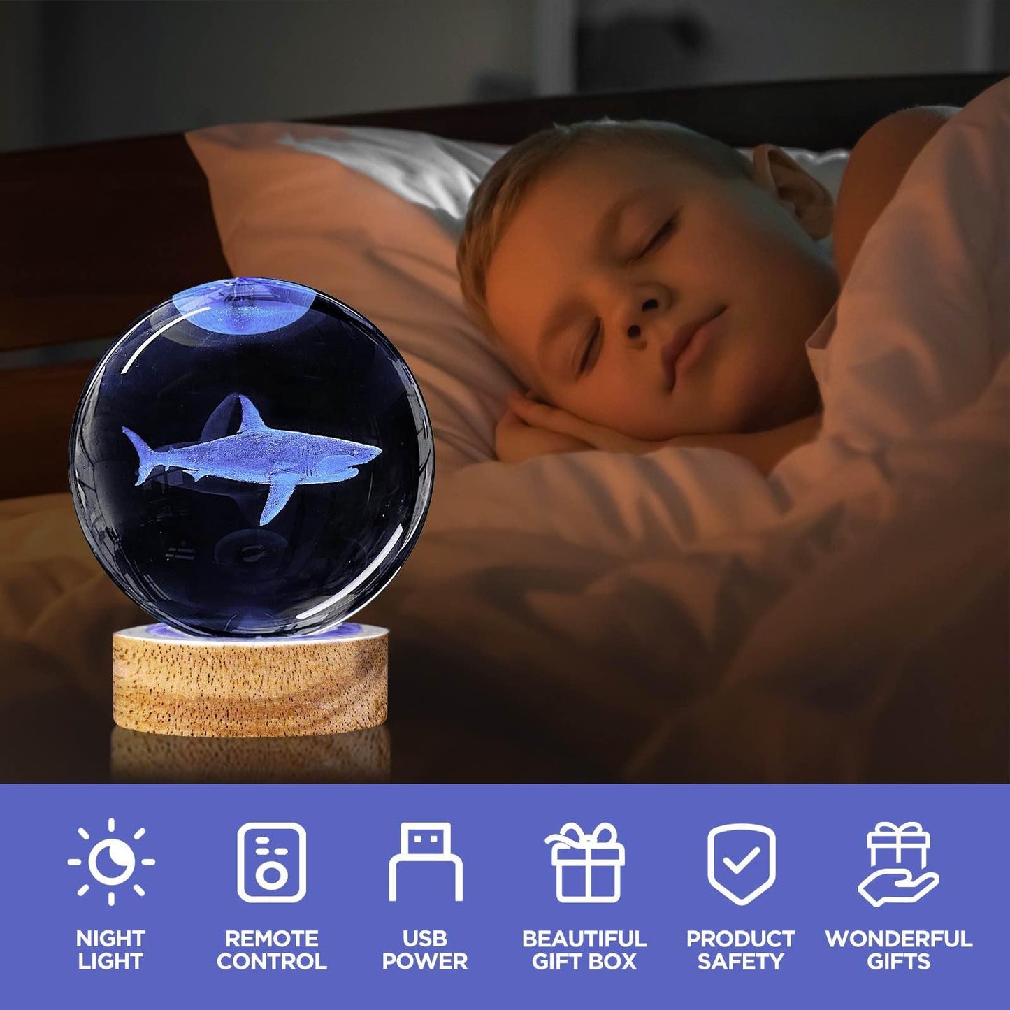 YYLZEPHB 3D Crystal Ball Night Light with Wooden Base, 3.15" Shark Glass Ball Lamp, 16 Colors, Remote Control, Cool Desk Decor