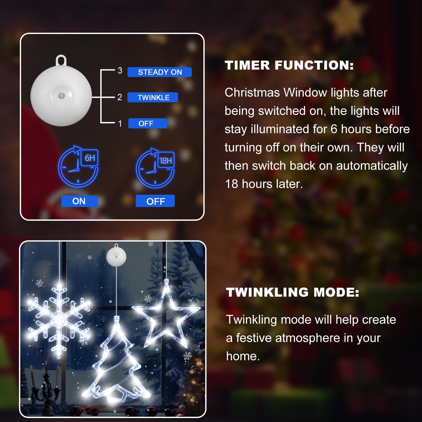 LYUBASA 3Pack Christmas Window Lights Decorations with Timer, Battery Powered Hanging White Lighted Snowflake Tree Star Shaped LED Sucker for Xmas Tree Fireplace Indoor Decor