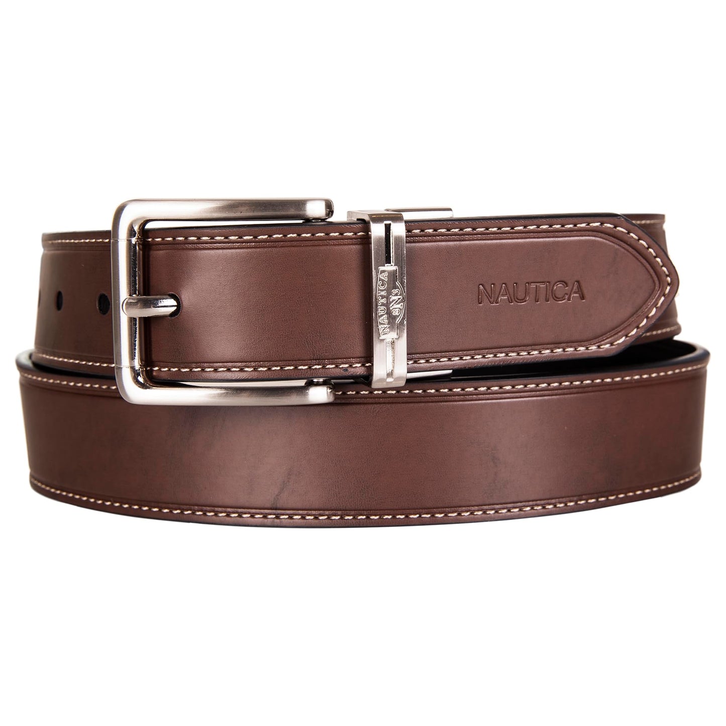 Nautica Mens Reversible Brown/Black Leather Belt | 2-in-1 | Classic | Everyday | Business | Work | Dress | Casual | Metal Buckle - 42"