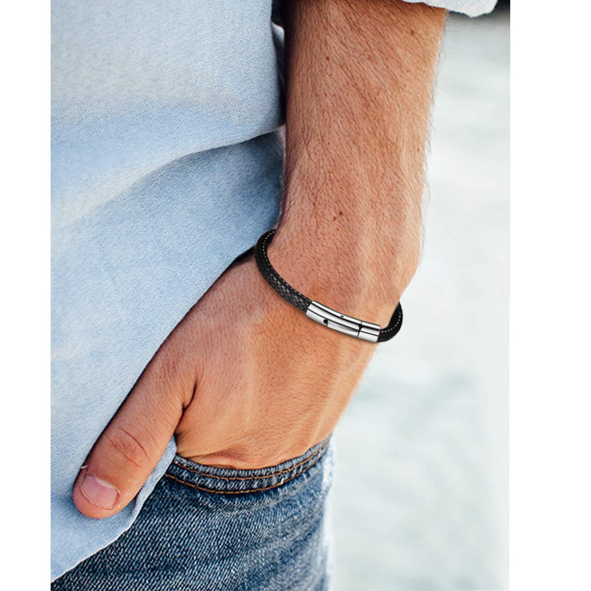 FOCALOOK Black Leather Bracelet for Men, Braided Wax Rope Bracelet with Stainless Steel Clasp Engraved Inspirational Wristband Fathers Day Gift for Him Husband Dad Friend 7inch(18cm)