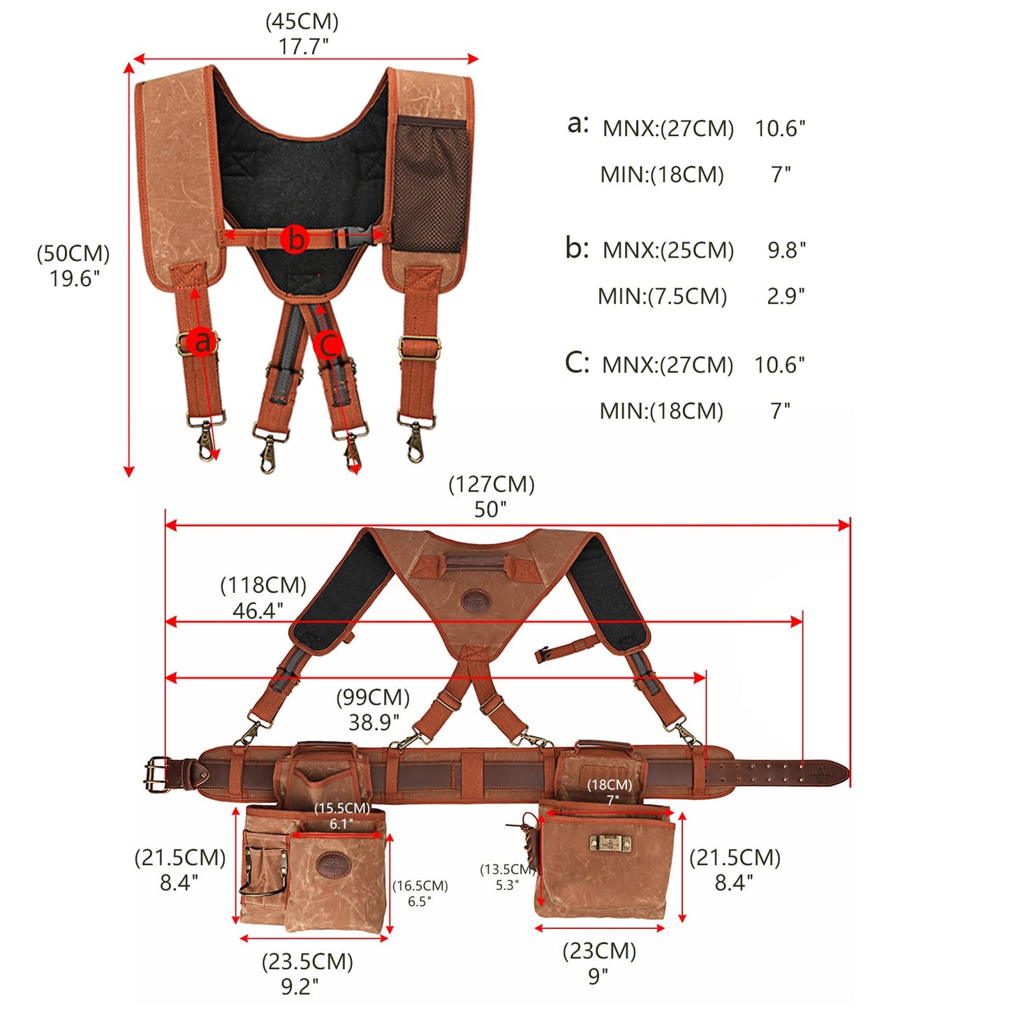 Heavy Duty Canvas Carpenter Tool Belt with Suspenders & 12 Pockets, Detachable Tool Pouch Set for Framers Construction Electricians, Padded Rig, Brown, Fits 39-46" Waist